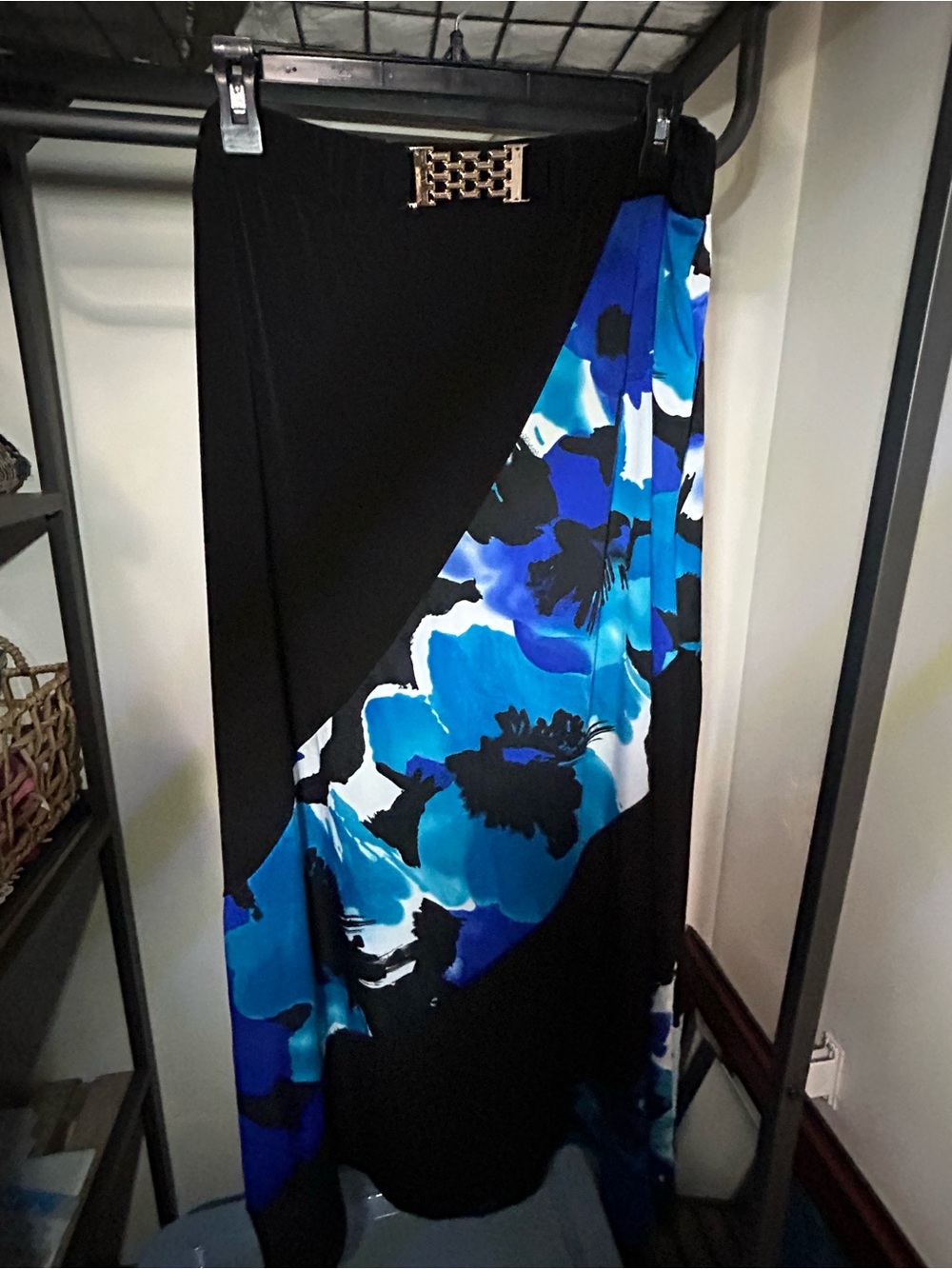 Black Maxi Skirt with Blue Floral Panel and Decorative Buckle